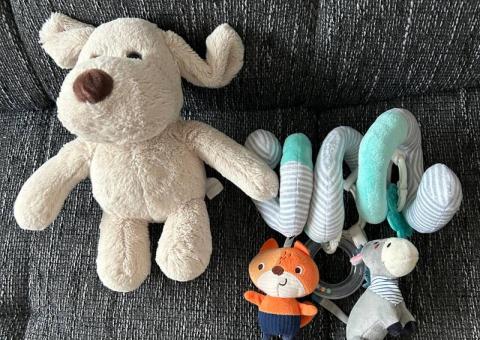 Stroller toys and a dog 