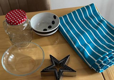 Bowls, jars and tablecloth 